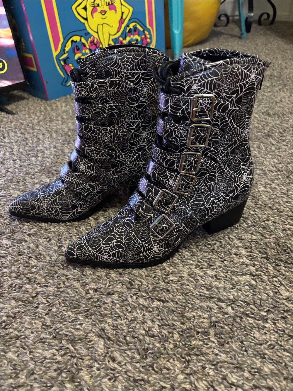 Strange Cvlt Cult YRU Coven Spider Webs Witch Gothic Punk Halloween Boots 5 emo